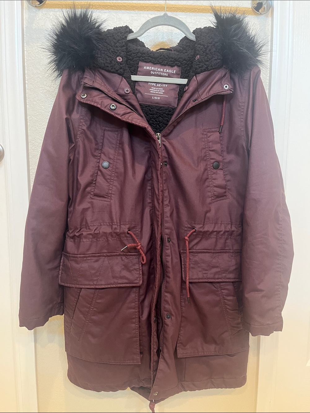 American Eagle Outfitters Burgundy insulated Utility Parka Faux Fur Trim Large